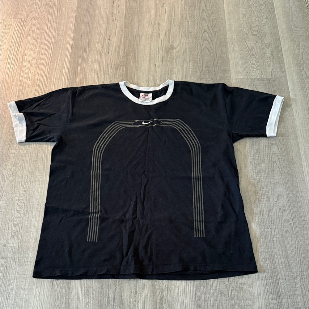 Vintage 90s Nike Black Tee with White Trim and Gray Arch Graphic